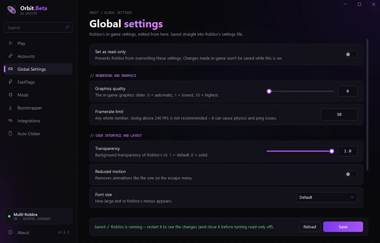 Global settings page
